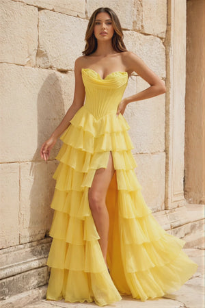 Strapless A-Line Ruffle Long Prom Dress With Split