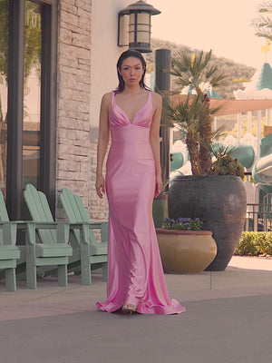 Pink V Neck Satin Mermaid Sleeveless Long Prom Dress
