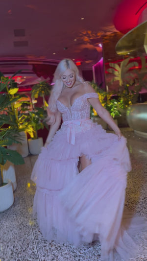 Princess A Line Off the Shoulder Light Pink Long Prom Dress with Ruffles