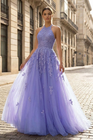 Princess Halter Long/Floor - Length Lace Tulle Prom Dress With Appliqued Beading - KissProm