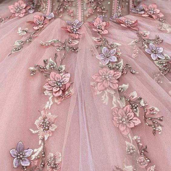 Enza | Pink Tulle Appliques Strapless Quinceanera Dresses