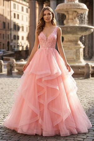 A-Line Prom Dresses Princess Dress Formal Floor Length Sleeveless V Neck Tulle Backless with Pleats Appliques – Prom Dress by KissProm | Available at KissProm