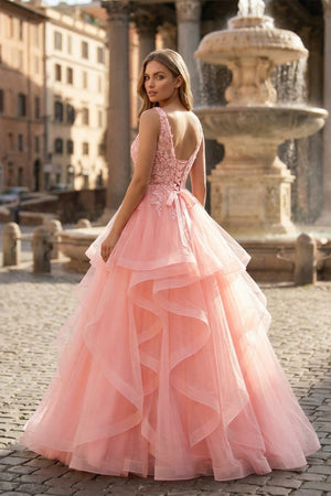 A-Line Prom Dresses Princess Dress Formal Floor Length Sleeveless V Neck Tulle Backless with Pleats Appliques – Prom Dress by KissProm | Available at KissProm