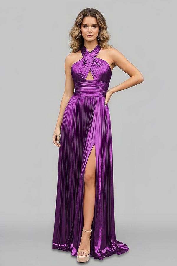 Peacock Blue Halter Neck A - Line Long Prom Dress With Split - KissProm