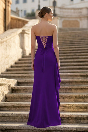 Purple - Mermaid Strapless Satin Pleated Long Prom Dress with Slit - KissProm