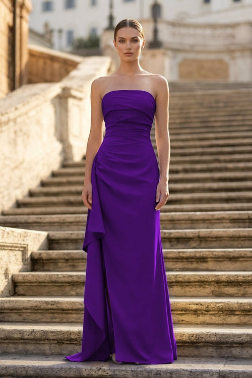 Purple - Mermaid Strapless Satin Pleated Long Prom Dress with Slit - KissProm