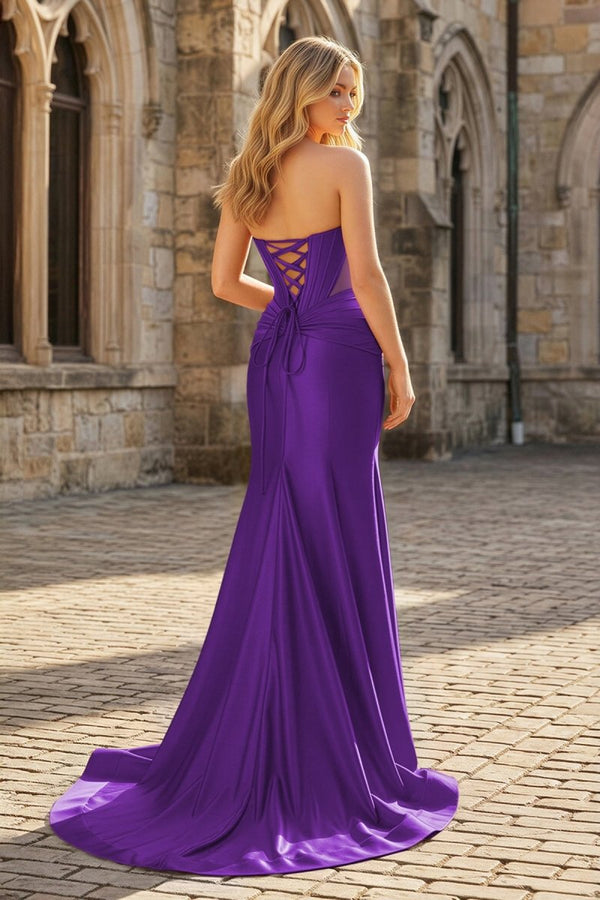 Yellow Sweetheart Mermaid Satin Beaded Long Prom Dresses With Slit – Prom Dress by KissProm | Available at KissProm