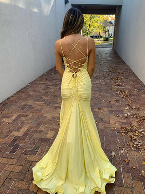 Yellow Spaghetti Straps Satin Mermaid Long Prom Dress With Split – Prom Dresses by KissProm | Available at KissProm