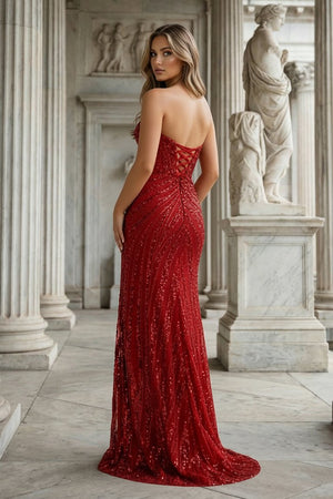 Red Sweetheart Mermaid Sequined Long Formal Prom Dresses With Slit - KissProm