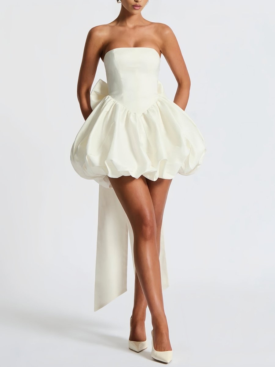 Raelee | White - Strapless A Line Satin Short Homecoming Dress With Bow