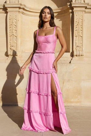 A-Line Hot Pink Ruffles Slit Prom Dress with Lace-up Back - KISSPRPM PROM DRESSES