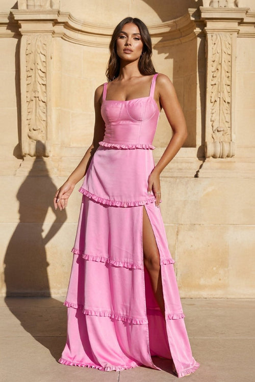 A-Line Hot Pink Ruffles Slit Prom Dress with Lace-up Back - KISSPRPM PROM DRESSES