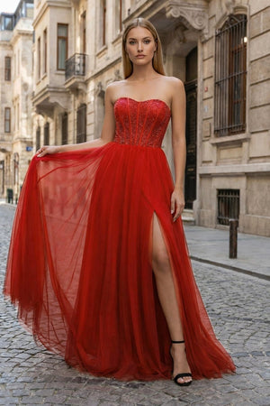 A - Line Sweetheart Beads Empire - Waist Sleeveless Prom Dress With Slit - KissProm