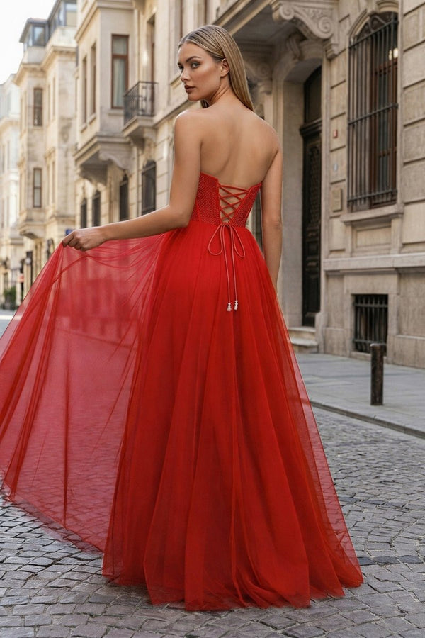 A - Line Sweetheart Beads Empire - Waist Sleeveless Prom Dress With Slit - KissProm