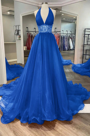 Red Beaded Halter Backless A-Line Long Prom Gown – Prom Dress by KissProm | Available at KissProm