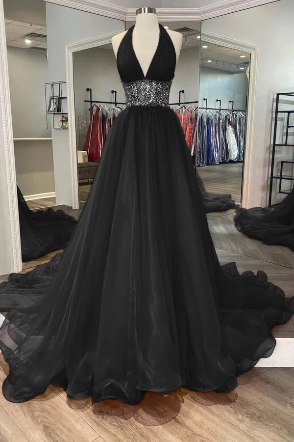 Red Beaded Halter Backless A-Line Long Prom Gown – Prom Dress by KissProm | Available at KissProm