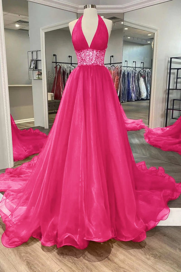 Red Beaded Halter Backless A-Line Long Prom Gown – Prom Dress by KissProm | Available at KissProm
