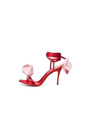Red Flower Lace Up High Heel Sandals - KissProm