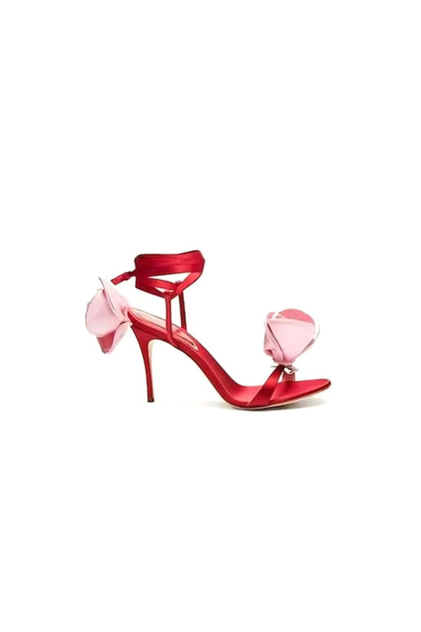 Red Flower Lace Up High Heel Sandals - KissProm
