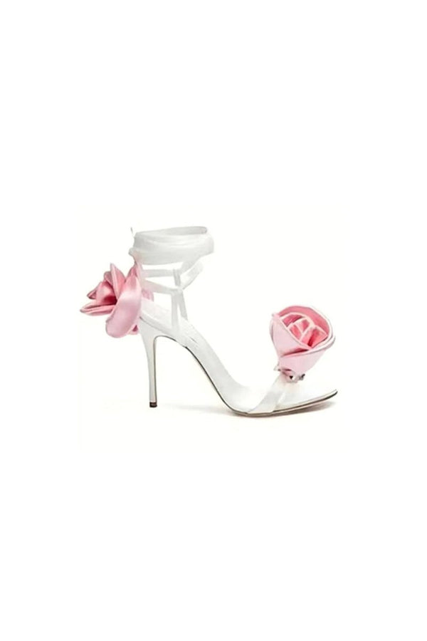 Red Flower Lace Up High Heel Sandals - KissProm