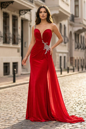 Black Rhinestone One Shoulder A Line Prom Dress with Slit - KissProm