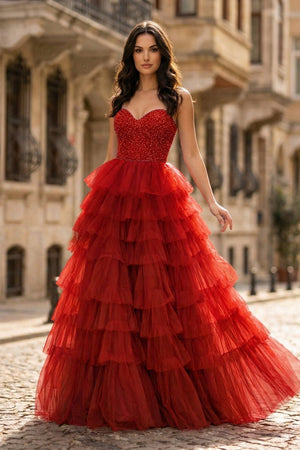 Spaghetti Straps Sweetheart Layered Tulle Formal Prom Dress with Slit - KissProm