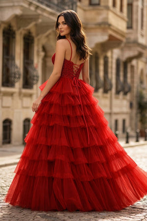 Spaghetti Straps Sweetheart Layered Tulle Formal Prom Dress with Slit - KissProm