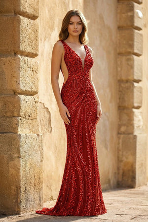 Royal Blue Mermaid V Neck Sequined Long Prom Dresses - KissProm
