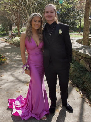 Red Satin Mermaid Tight V Neck Long Prom Dress With Bow Tie - KissProm