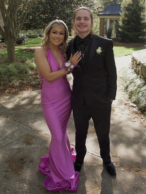 Red Satin Mermaid Tight V Neck Long Prom Dress With Bow Tie - KissProm