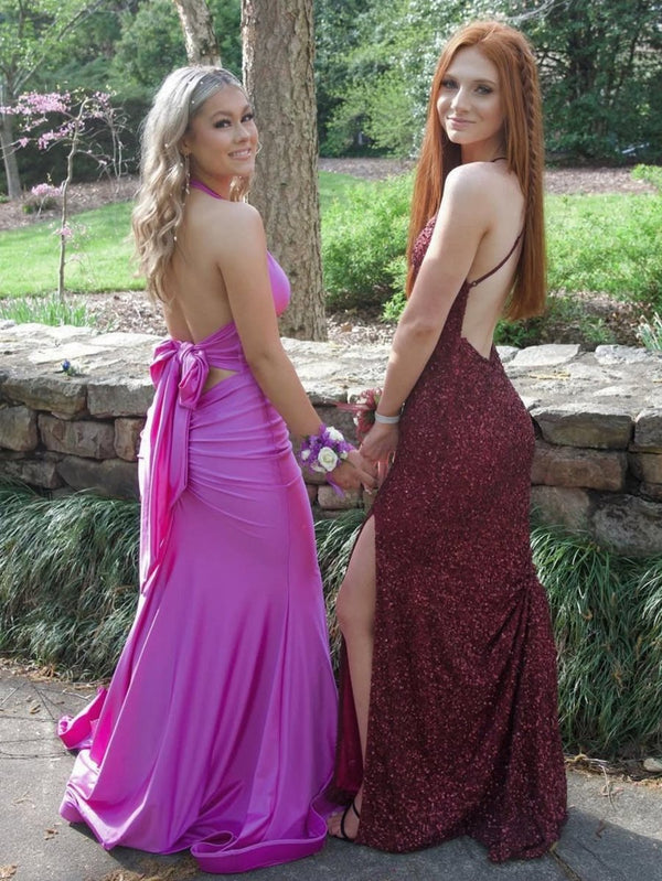 Red Satin Mermaid Tight V Neck Long Prom Dress With Bow Tie - KissProm