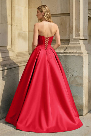 Red Strapless A Line Pleated Satin Long Prom Dresses With Flower - KissProm