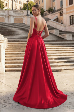 Burgundy Spaghetti Straps A Line Satin Long Prom Dresses With Slit - KissProm