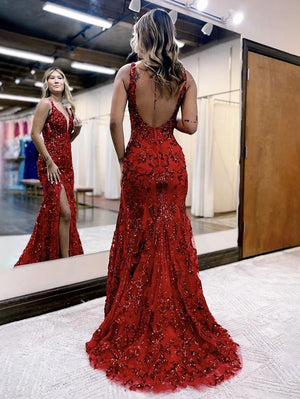 Avianna |Mermaid V Neck Sequined Lace Prom Dress with Slit