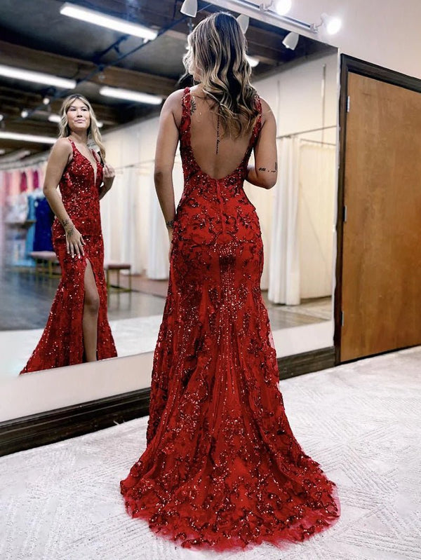 Avianna |Mermaid V Neck Sequined Lace Prom Dress with Slit