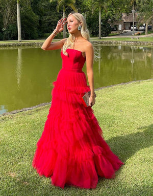 Matilda |Red A - Line Strapless Ruffled Tulle Evening Dress - KissProm