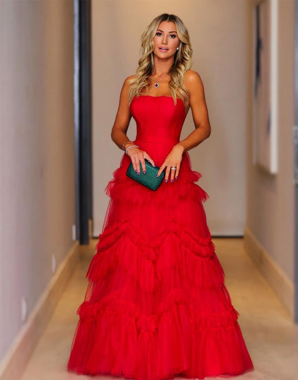 Matilda |Red A - Line Strapless Ruffled Tulle Evening Dress - KissProm