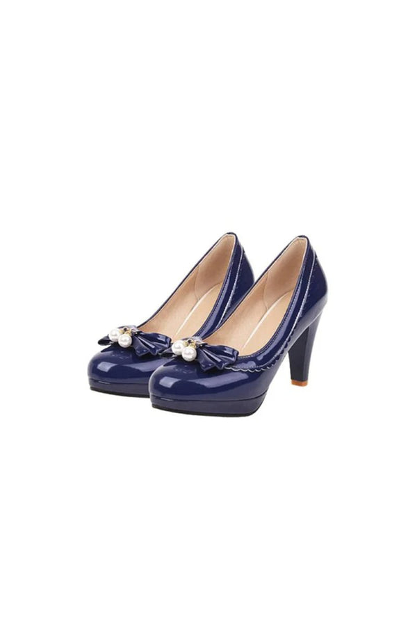 Retro Bow Pearl High Heels Shoes - KissProm