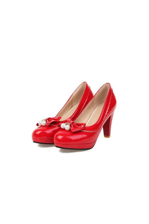 Retro Bow Pearl High Heels Shoes - KissProm