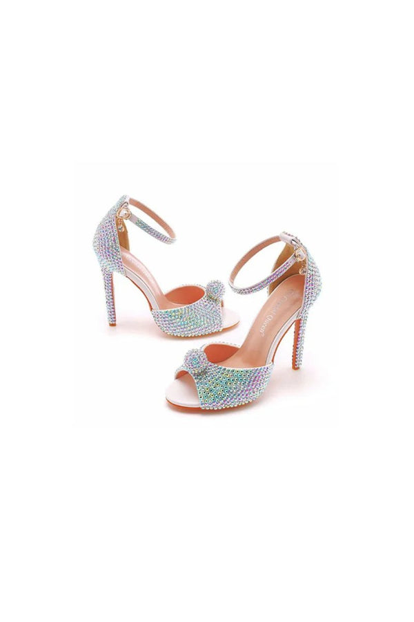 Rhinestone Embellished Open Toe Ankle Strap Stiletto Heels - KissProm
