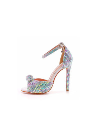 Rhinestone Embellished Open Toe Ankle Strap Stiletto Heels - KissProm