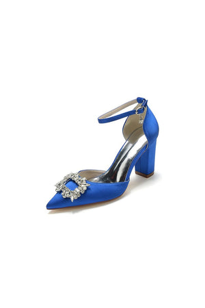 Rhinestone Pointed Toe Ankle Strap Buckle Chunky Heel - KissProm