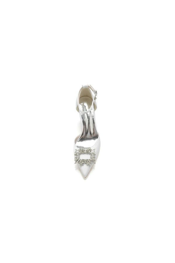 Rhinestone Pointed Toe Ankle Strap Buckle Chunky Heel - KissProm