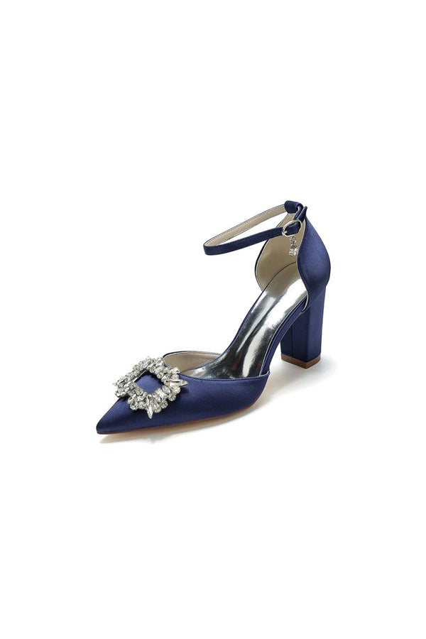 Rhinestone Pointed Toe Ankle Strap Buckle Chunky Heel - KissProm