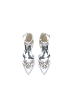 Rhinestone Pointed Toe Ankle Strap Kitten Heels - KissProm
