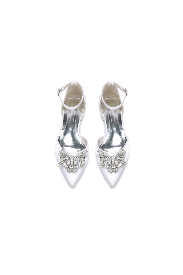 Rhinestone Pointed Toe Ankle Strap Kitten Heels - KissProm