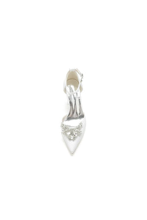 Rhinestone Pointed Toe Ankle Strap Satin Chunky Heel - KissProm