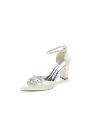 Rhinestone Pointed Toe Ankle Strap Satin Chunky Heel - KissProm