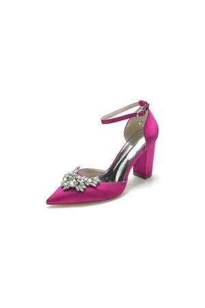 Rhinestone Pointed Toe Ankle Strap Satin Chunky Heel - KissProm