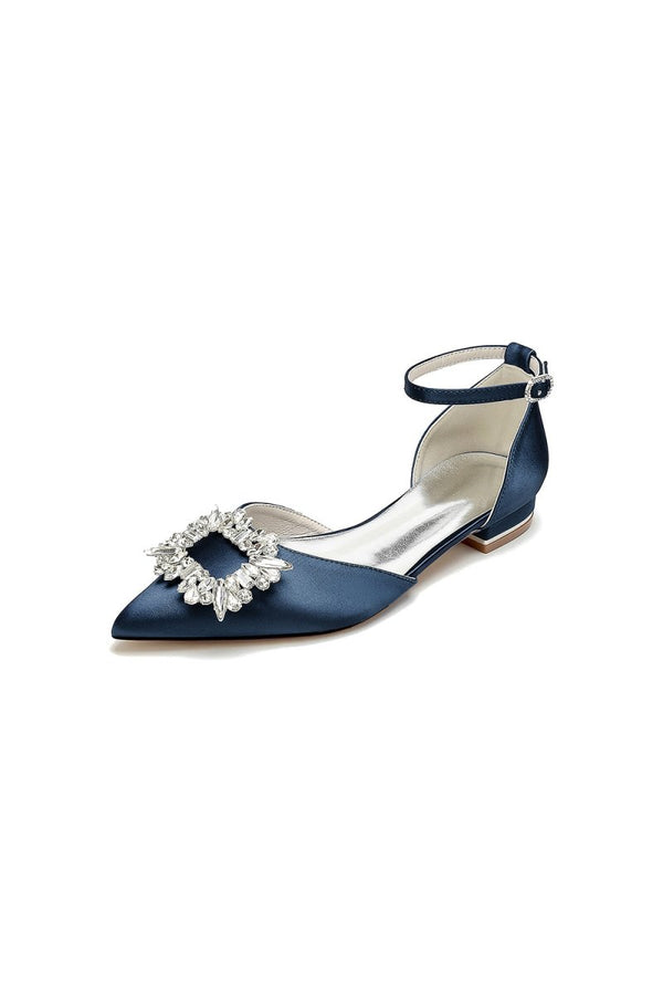 Rhinestone Pointed Toe Ankle Strap Satin Kitten Heels - KissProm